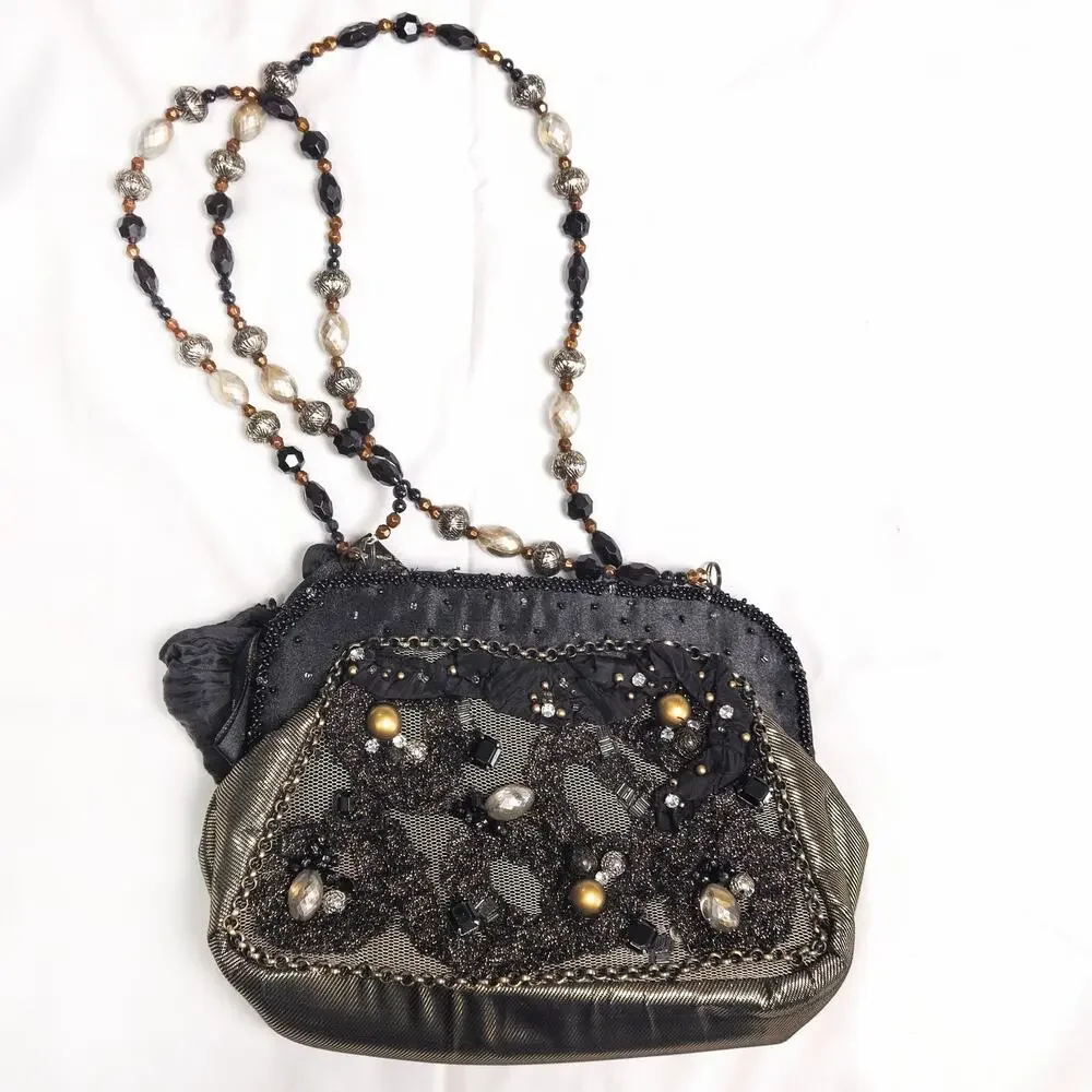Mary Frances Beaded Shoulder Bag Black Gold Vintage Retro Statement